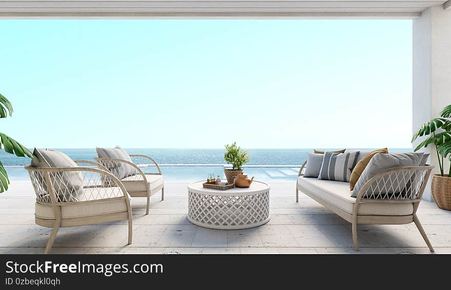 Luxury house living on sea view with swimming pool.3d rendering