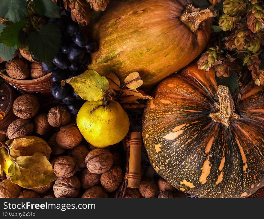 Autumn Harvest and Holiday still life. Happy Thanksgiving background. Autumn vegetables and seasonal decorations.