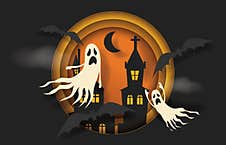 Happy Halloween Banner Or Party Invitation Background With  Pumpkins, Bat, Ghost, In Paper Cut Style. Royalty Free Stock Photography