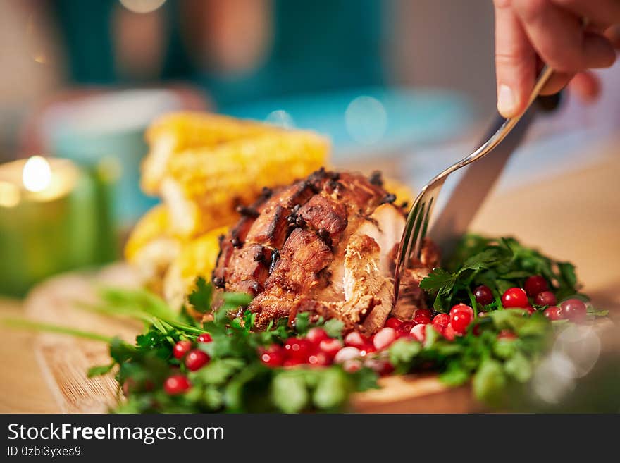 Christmas ham being served on the table