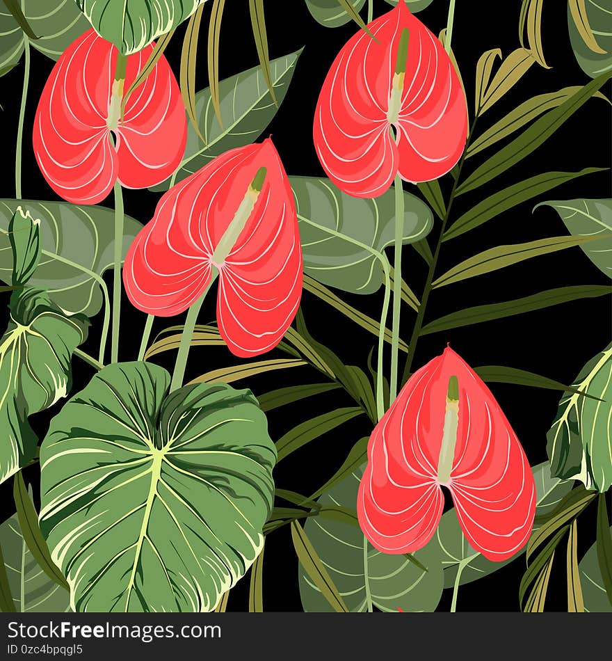 Illustration of red flamingo Anthurium flower and palm leaves seamless pattern. Black background.