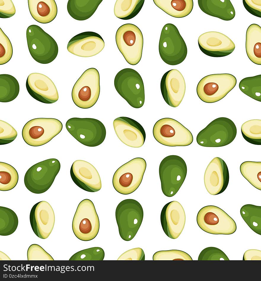 Vector seamless avocado pattern. Green fruit on a white background. Design for printing, Wallpaper, fabrics, textiles, banners, packaging n