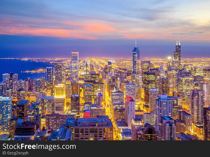 Downtown chicago skyline at sunset Illinois in USA