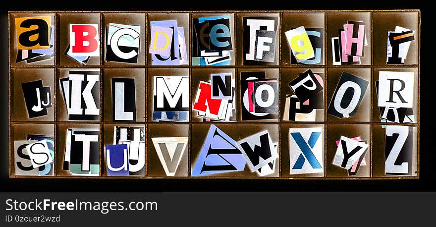 Paper Alphabet in a box  taken from above. Paper Alphabet in a box  taken from above