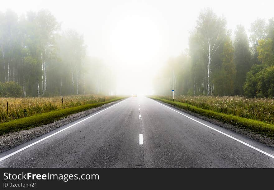 Morning On The Road Among The Fields And Fog