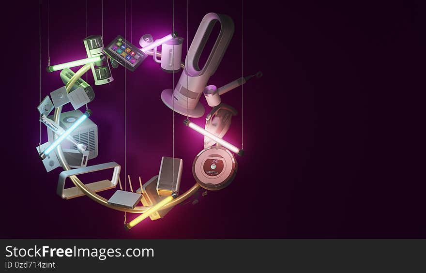 small consumer electronics presentation background in dark style equipment hangs on cables and is illuminated with tampons of different colors 3d render