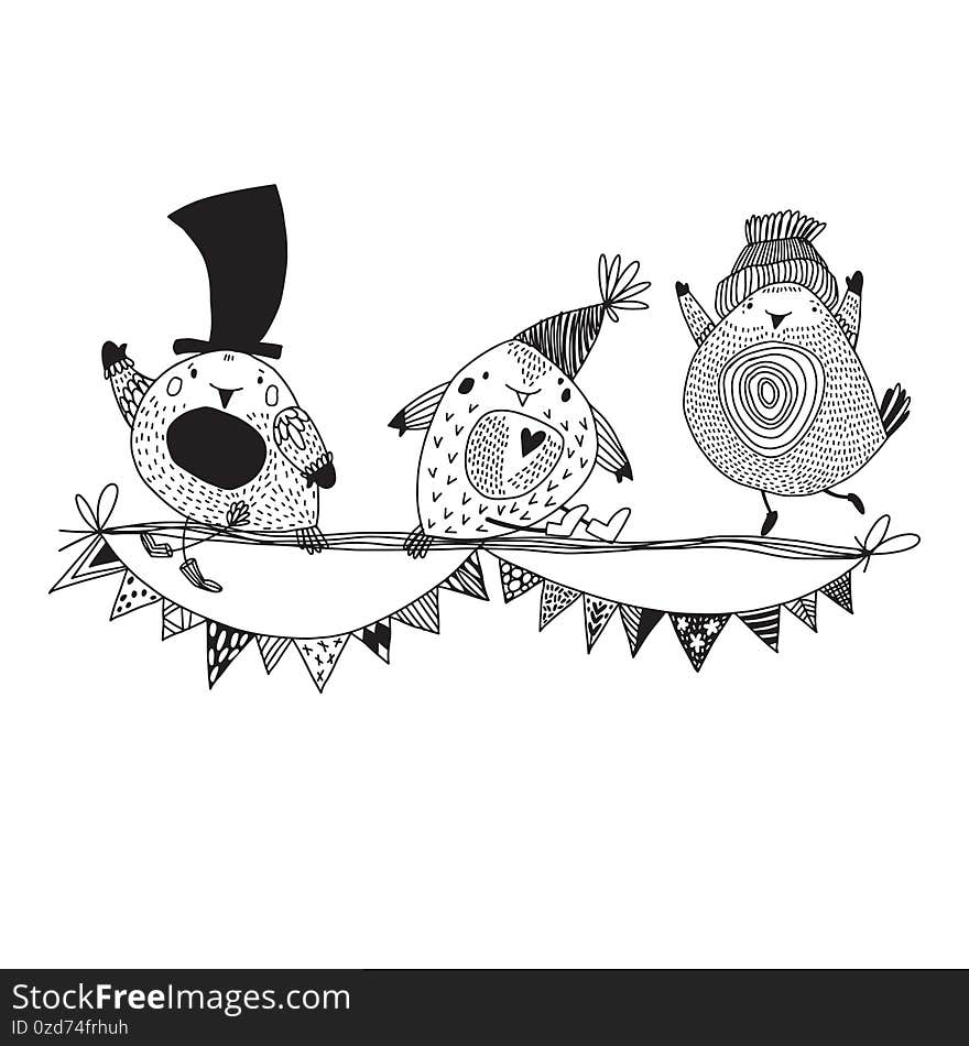 A small birds on a branch with a garland. Hand-drawn vector sketch on white background. Monochrome isolated element for design. A small birds on a branch with a garland. Hand-drawn vector sketch on white background. Monochrome isolated element for design