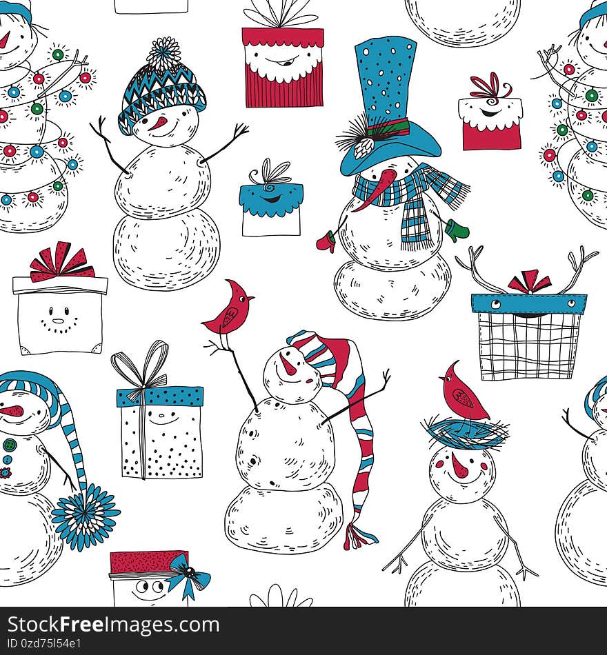 Holiday seamless background with cartoon Snowmen, gift boxes with bows and ribbons on white. Vector. Perfect for invitations