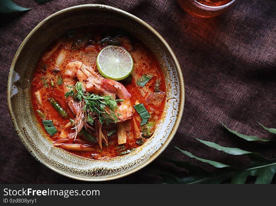 Tom Yum soup , a Thai traditional spicy prawn soup