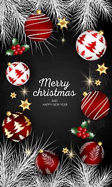 Merry Christmas And Happy New Year Greeting Card With Festive Christmas Balls. Vector Holiday Illustration Stock Images