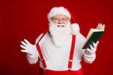 Portrait Of His He Attractive Cheerful Cheery Funny Glad Fat White-haired Santa Reading Book Education Pulling Suspender Royalty Free Stock Images