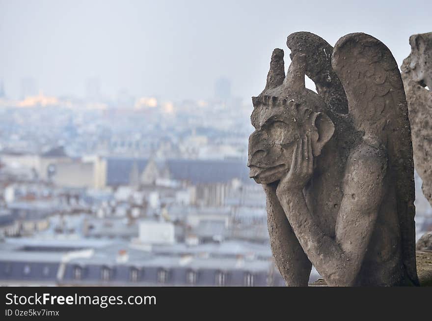 A gargoyle watching Paris city landscape in Notre Dame