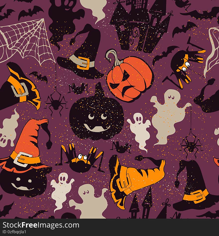 Pumpkin, face, castle, bat, seamless pattern of traditional halloween symbols, graphic hand drawing. Pumpkin, face, castle, bat, seamless pattern of traditional halloween symbols, graphic hand drawing