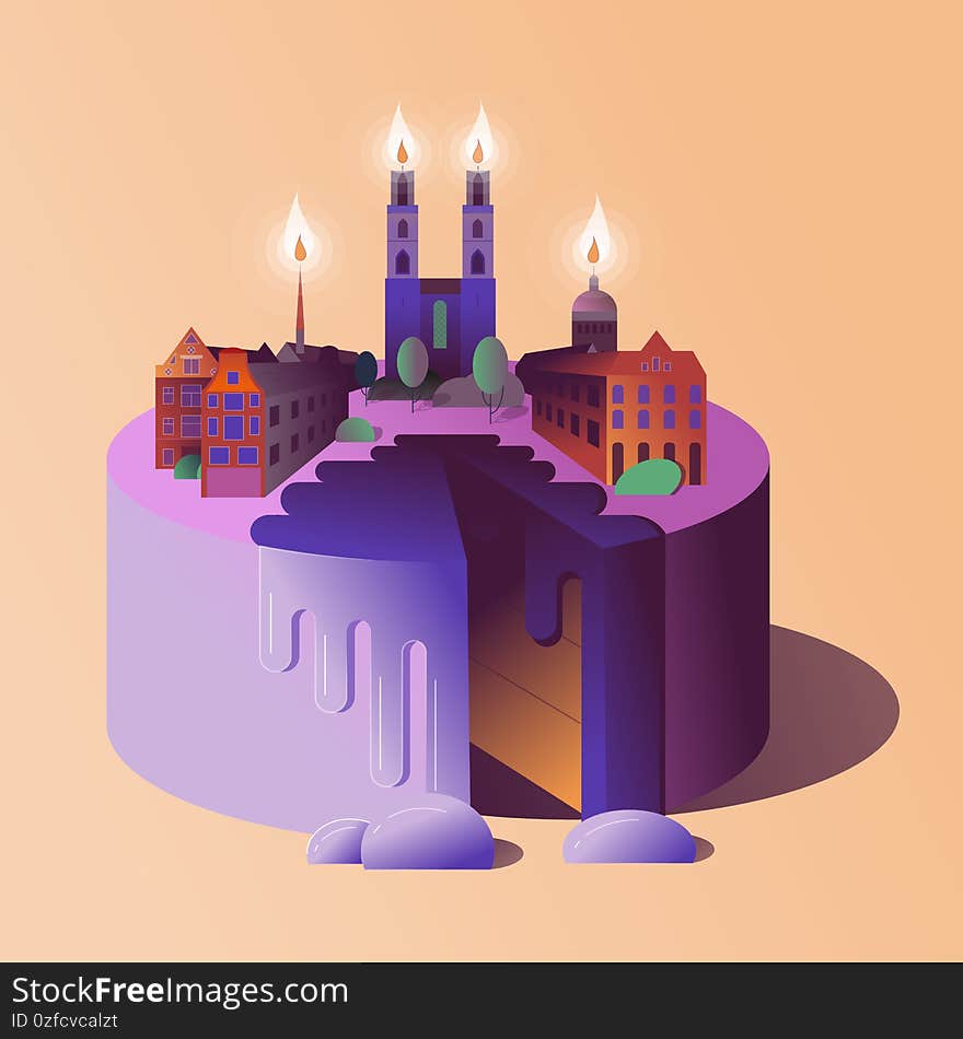 Purple violet cake with syrup drops and the city with candles flame on top peach background vector illustration. Purple violet cake with syrup drops and the city with candles flame on top peach background vector illustration.