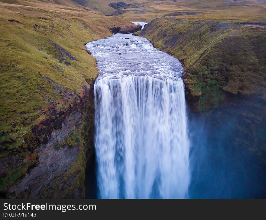 Aerial view of Skogafoss waterfall, Iceland by drone