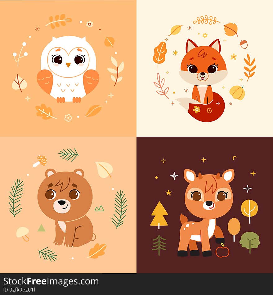 Woodland animals and decor elements set. Vector illustration. Woodland animals and decor elements set. Vector illustration.