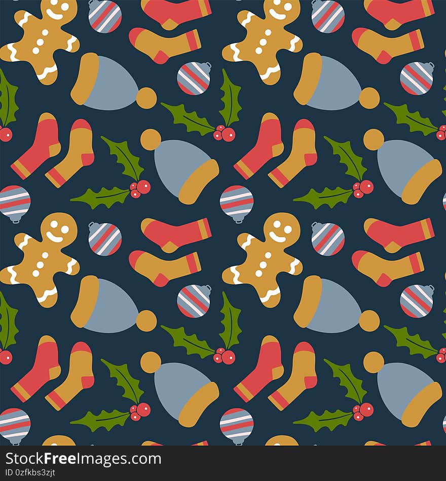 Seamless Christmas vector pattern with socks gingerbread and mistletoe on dark background. Christmas mood