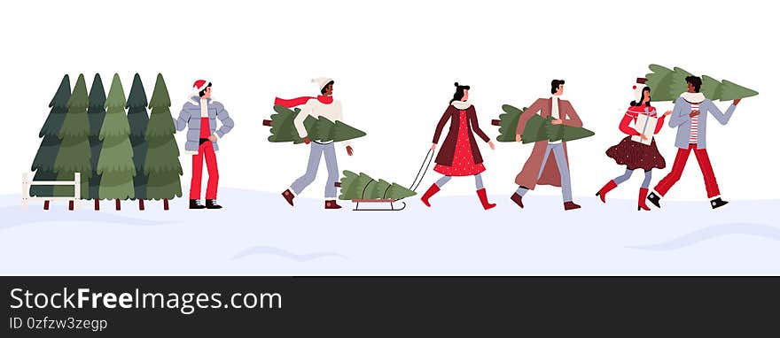 Young people carry shopping for Christmas and New Year in their hands. Women and men in winter clothes with Christmas