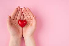 St. Valentine`s Day Concept. Top Above Overhead Pov First Person View Photo Of Female Hands Holding A Red Heart To The Left Side Royalty Free Stock Photo