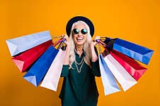 Photo Of Funky Granny Lady Good Mood Shopping Center Shopaholic Carry Many Packs Wear Green Shirt Sun Specs Pearls Royalty Free Stock Photography