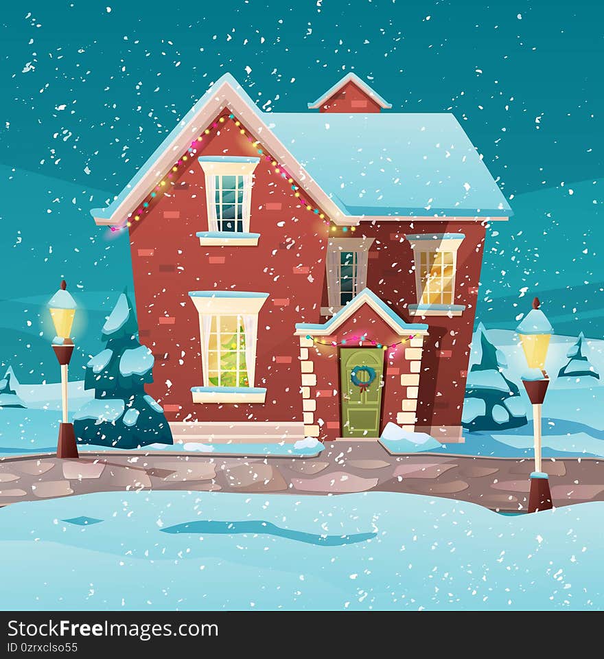 Victorian retro style building with fir tree at yard, light from windows, lanterns for xmas. Christmas celebration decor. Cartoon