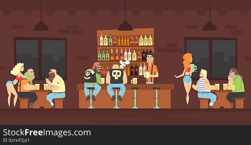 Bikers or Criminal Gang Member Sitting at Counter at Bar Drinking Beer and Chatting, Male Bartender Pouring Beer in Mug at Counter, Beautiful Girls Waitresses Serving Clients Cartoon Vector Illustration