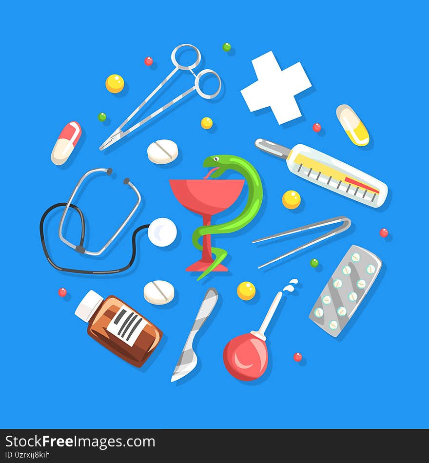 Medical Supplies and Equipment in Circular Shape, Medical Tools Therapy and Treatment Symbols Cartoon Vector