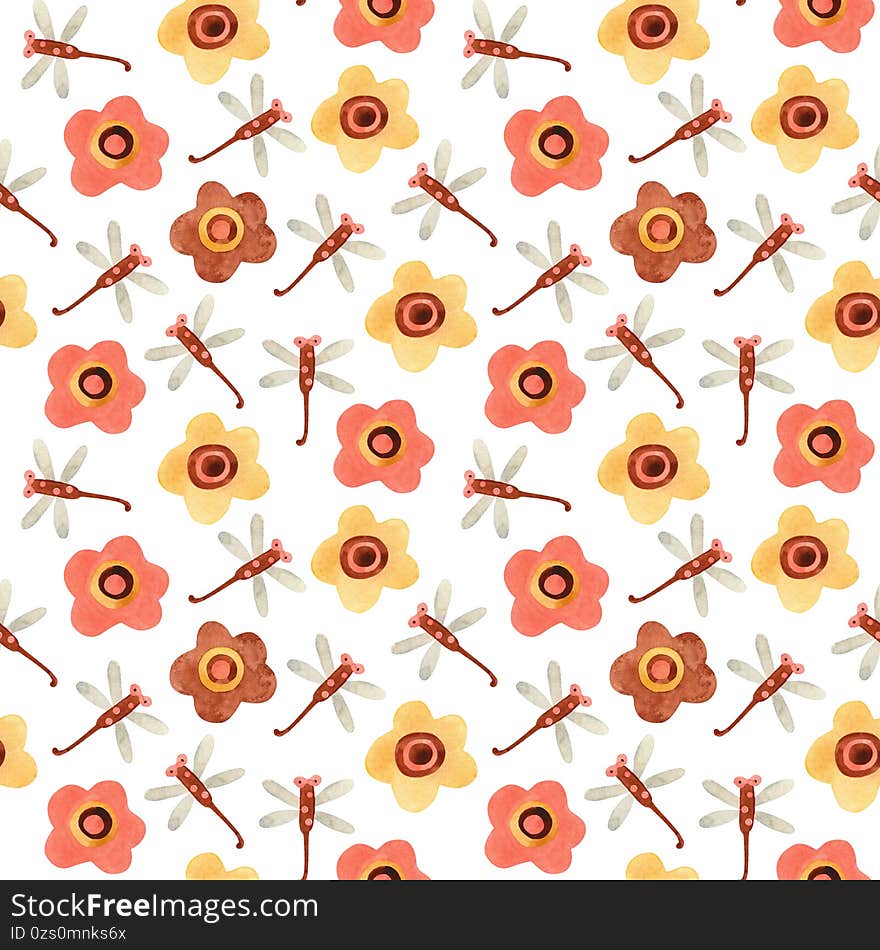 Watercolor seamless pattern with dragonflies and flowers on white.