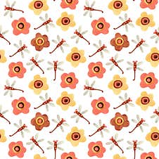 Watercolor Seamless Pattern With Dragonflies And Flowers On White. Royalty Free Stock Images