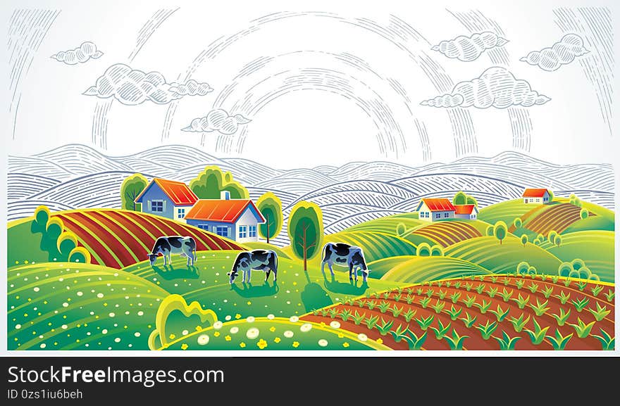 Illustration of rural landscape with cows and a village.