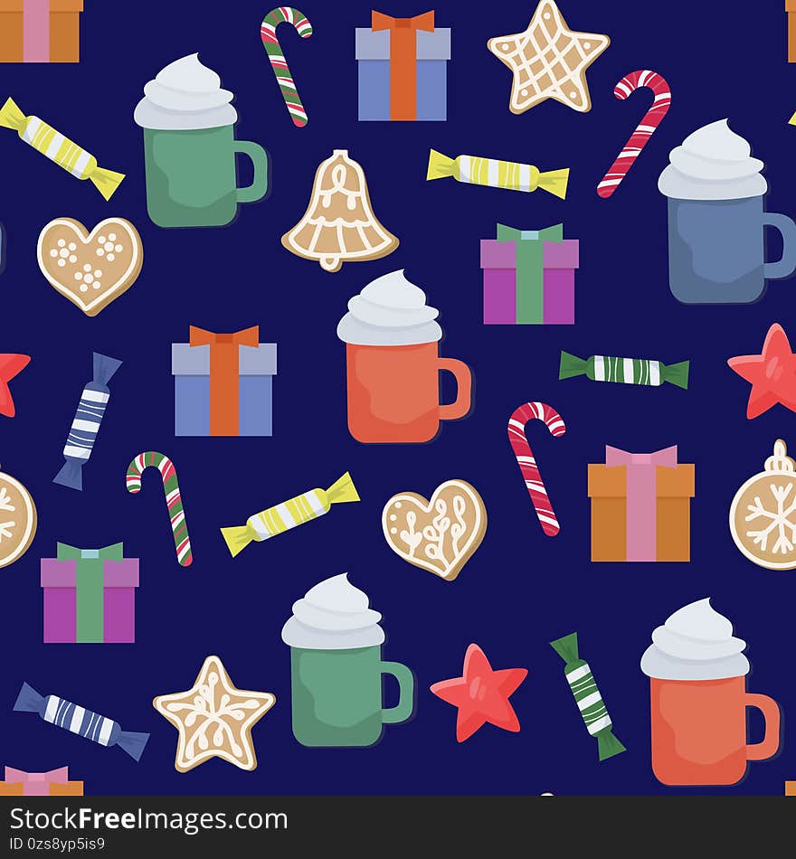 Christmas winter seamless pattern. With hot coffee drink, gingerbread gingerbread, sweets and presents. Holiday New Year symbols