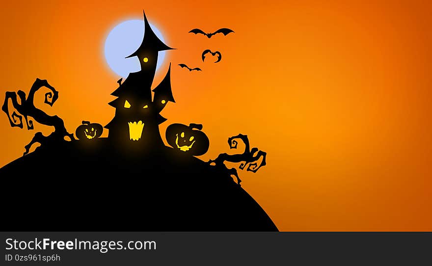 Illustration of scary pumpkins and a haunted house on a hill - Halloween concept