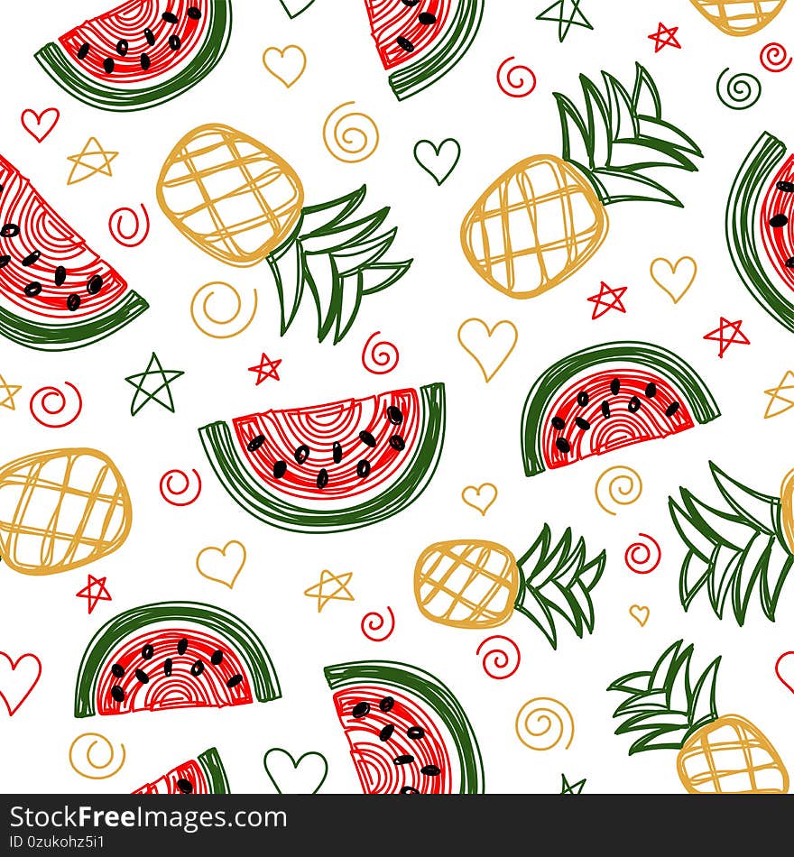 Watermelon and pineapple seamless pattern. Hand drawn vector illustration. Pen or marker doodle sketch. Line art fruits