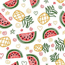 Watermelon And Pineapple Seamless Pattern. Hand Drawn Vector Illustration. Pen Or Marker Doodle Sketch. Line Art Fruits Stock Photo