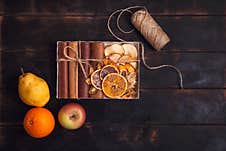 Packaging Boxes With Sweet Fruit Snacks - Pastilles, Dried Fruit And Fresh Fruit - Pear, Apple, Orange Royalty Free Stock Images