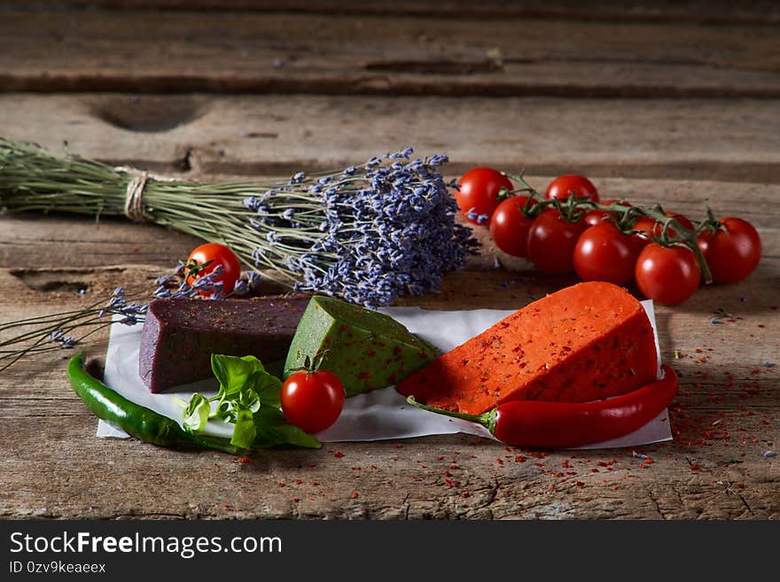 Three Different Colored Gourmet Cheeses