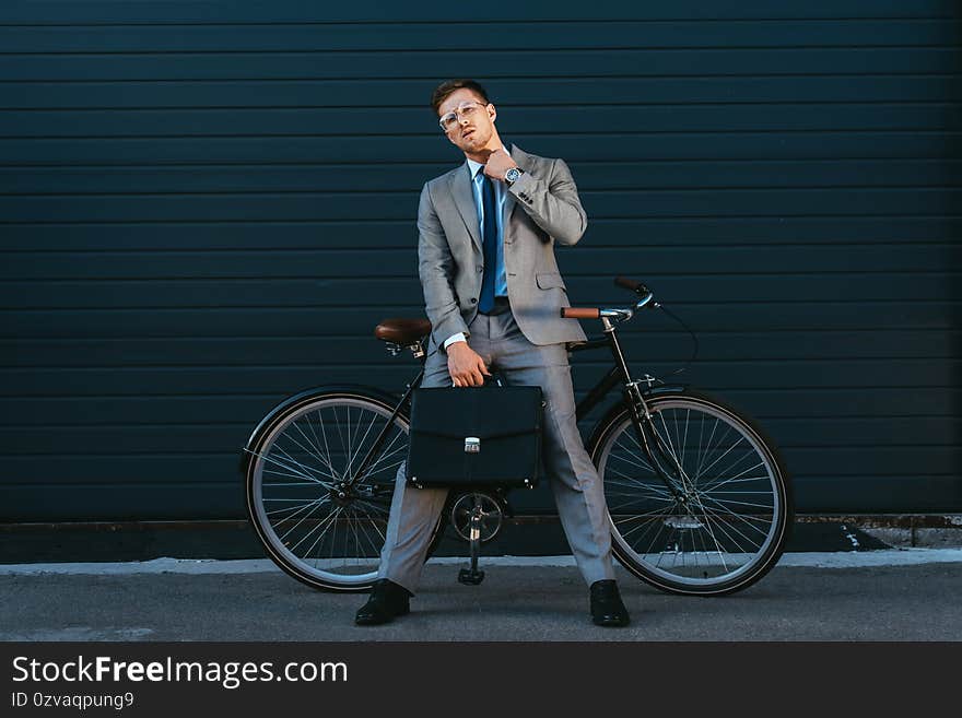 Businessman with briefcase looking at camera