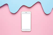 Mobile Phone And Abstract Paper Cut Blue Waves Art On Pink Background, Pastel Colors And Technology Stock Image