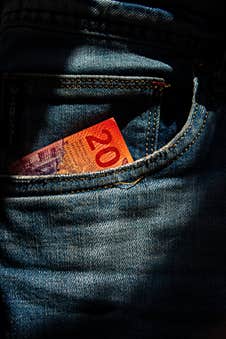 Twenty Swiss Francs Paper Note In Jeans Pocket Royalty Free Stock Photo