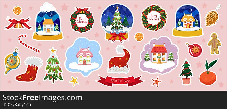 Christmas Sticker Vector illustration set with offset path. Collection of Snow Ball, Santa Hat, Christmas pine tree, Mandarin, Cone, Bauble, Gingerbread man, tree toy,Golden Bells, Candy Sock