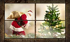 Christmas Card With Santa Who Is Surprised When Delivering His Presents Royalty Free Stock Image