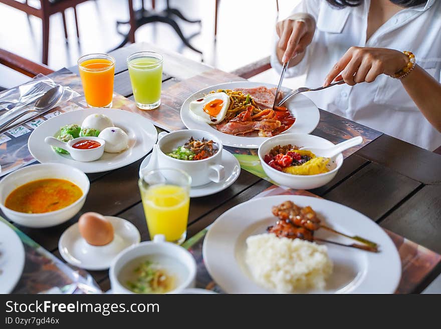 Eat set of breakfast at restaurant