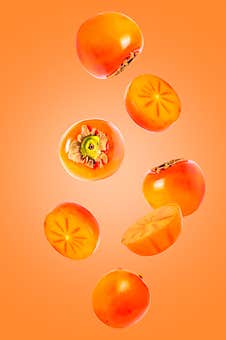 Khaki Fruits Isolated In The Air On Orange Background Royalty Free Stock Photo