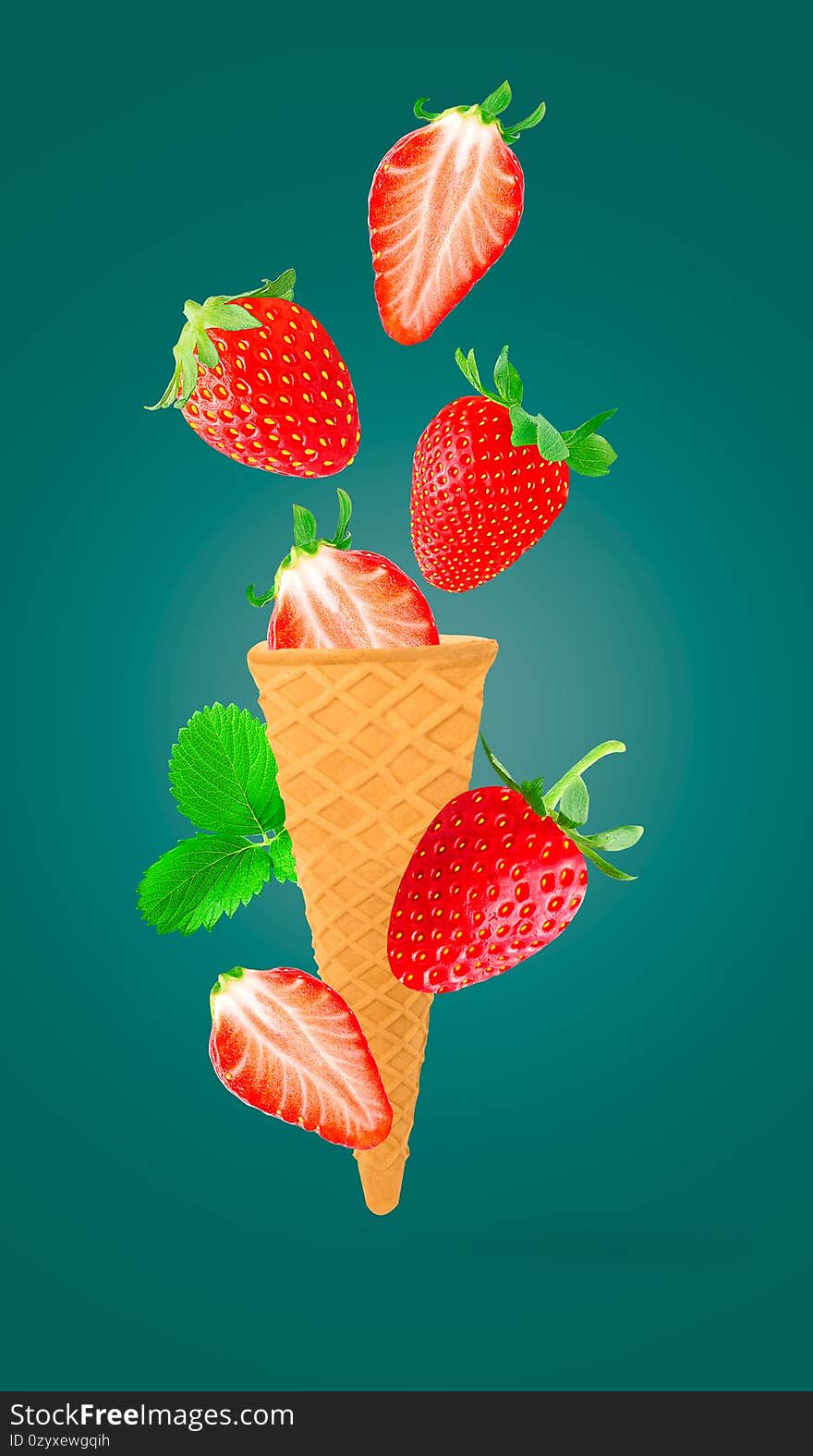 Sweet flying fruits in ice cream waffle cone in motion