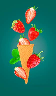 Sweet Flying Fruits In Ice Cream Waffle Cone In Motion Royalty Free Stock Images