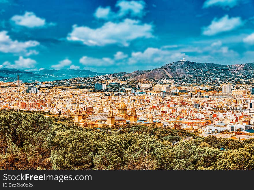 Panorama on Barcelona city from Montjuic castle.Catalonia. Spain