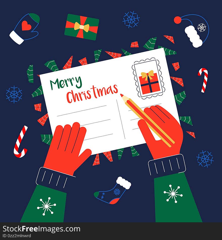 Write Christmas greeting cards for family and friends. Hands with pencil on Xmas postcard. Winter holidays wishes. Top view on the table. Write Christmas greeting cards for family and friends. Hands with pencil on Xmas postcard. Winter holidays wishes. Top view on the table.