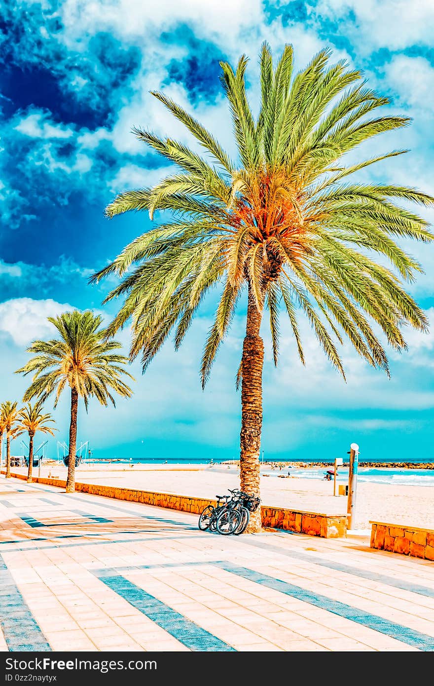 Seafront, beach,coast in Spain. Suburb of Barcelona, Catalonia