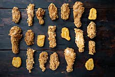 Homemade Crispy Fried Chicken On Old Dark Wooden Table, Flat Lay Stock Image