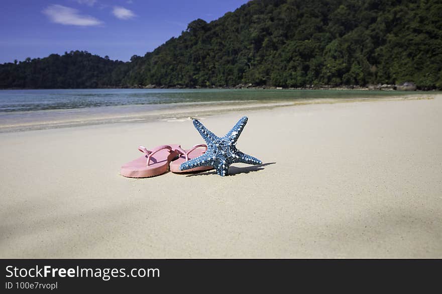 Summer tropical of a holiday vacation concept with Beach Accessories and flip-flops ,white sand beach background